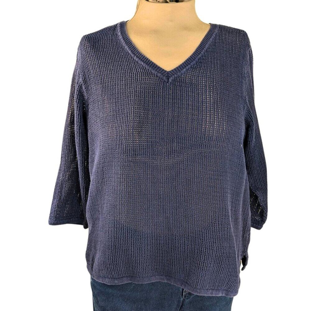 Liz Claiborne XL Navy Blue Open Knit Weave V-Neck 3/4 Sleeve Cotton Sweater